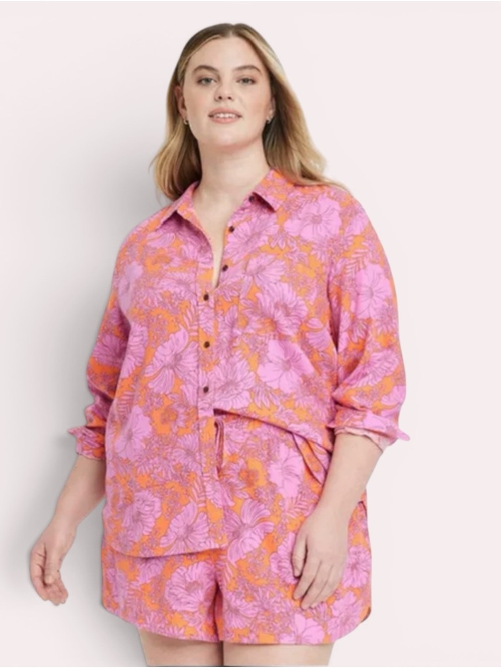 Universal Thread Pink and Orange Floral Button-Up, Size XL, MSRP $30‎